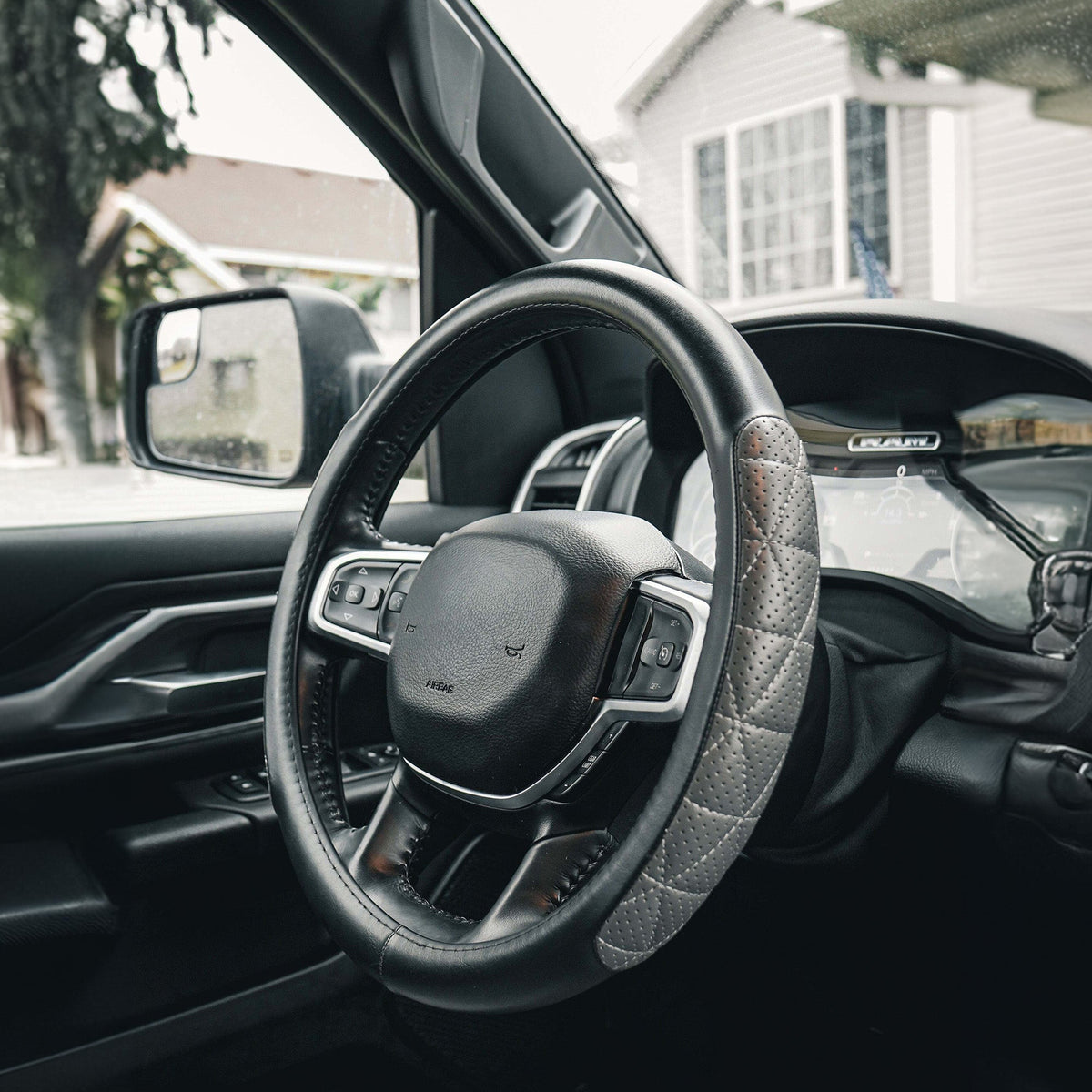 Steering wheel cover fitted inside a car, alternate view