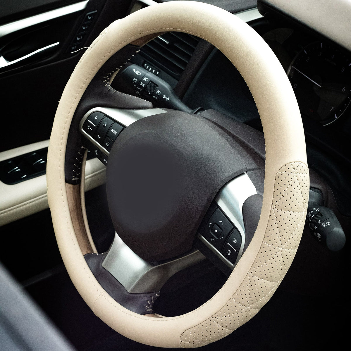 Beige steering wheel cover shown from the front and side