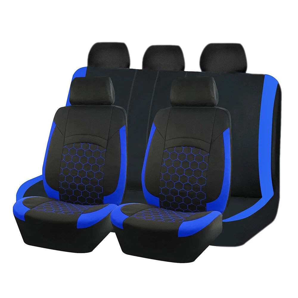 Blue and black front and rear fabric car seat covers