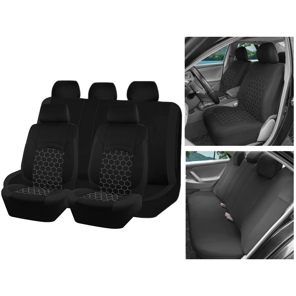 Black seat covers front and rear views