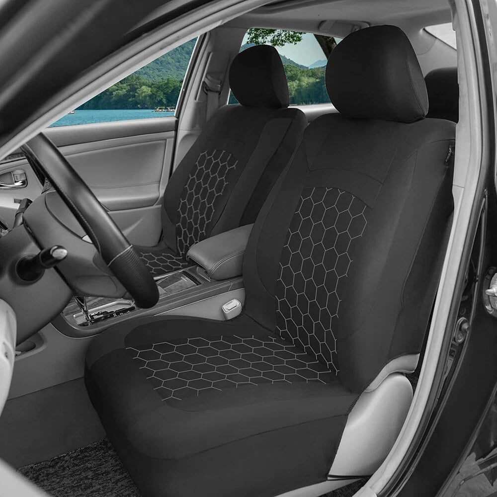 Black fabric seat covers installed in vehicle