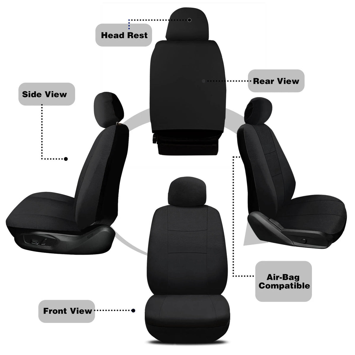 Fabric seat covers headrest and airbag illustration