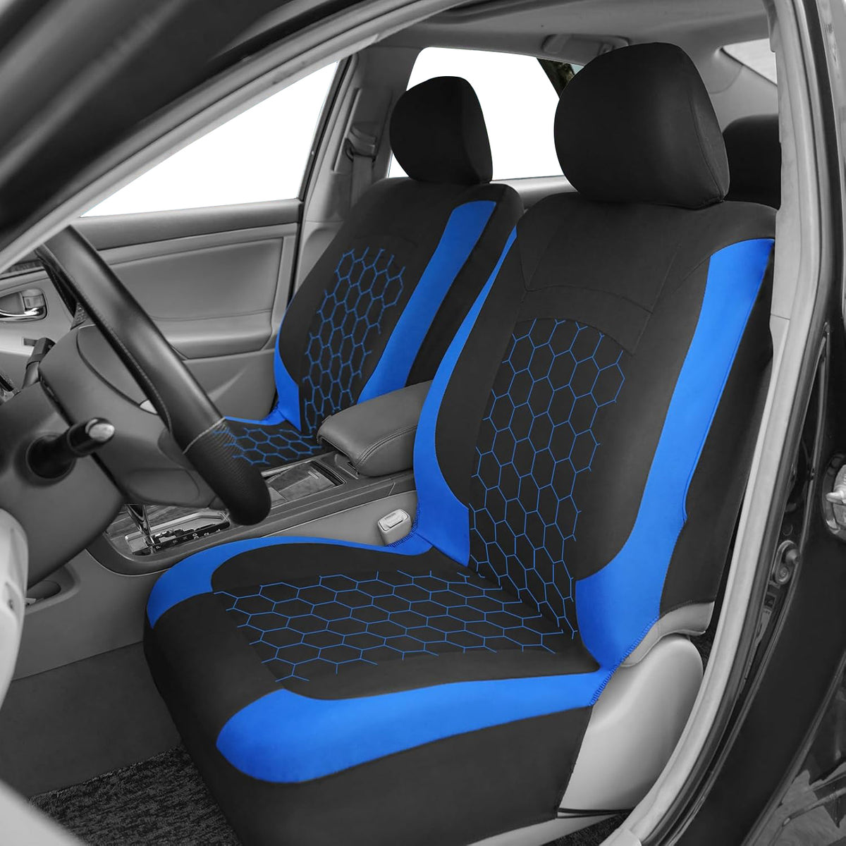 Blue fabric seat covers installed in vehicle