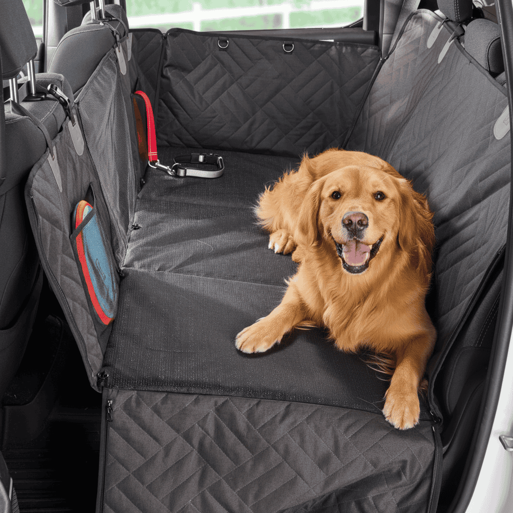 Dog sitting on a PetSuite back-seat protector