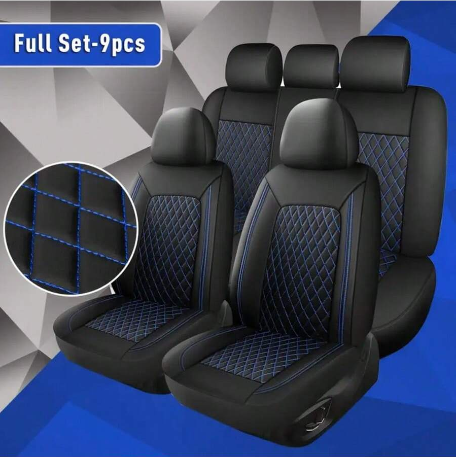 Signature Diamond quilted car seat covers full 9-piece set - Black with Grey Stitching