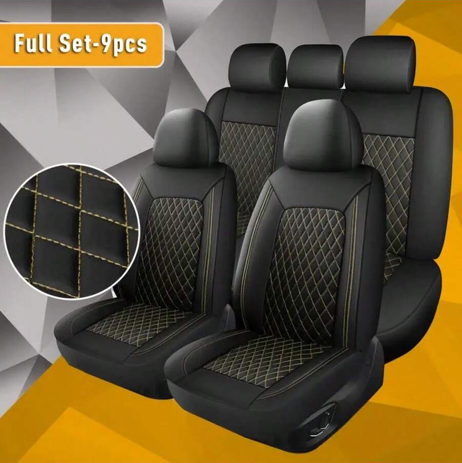 Signature Diamond quilted car seat covers full 9-piece set - Black with Gold Stitching