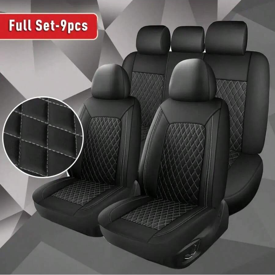 Signature Diamond quilted car seat covers full 9-piece set - Black with Grey Stitching