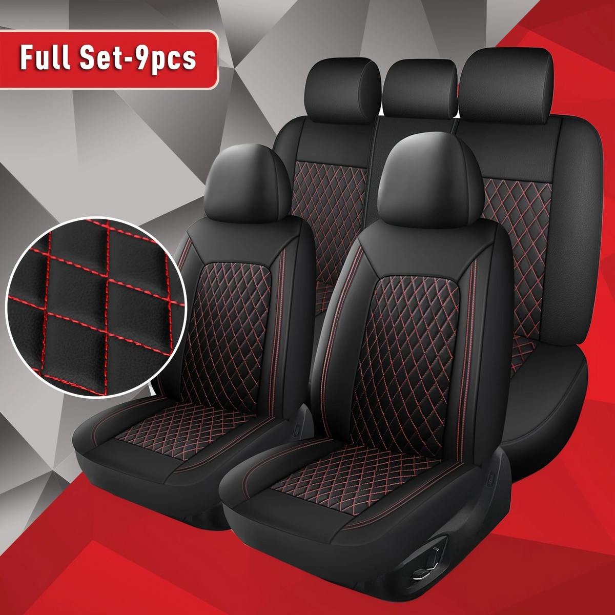 Signature Diamond quilted car seat covers full 9-piece set - Black with Red Stitching