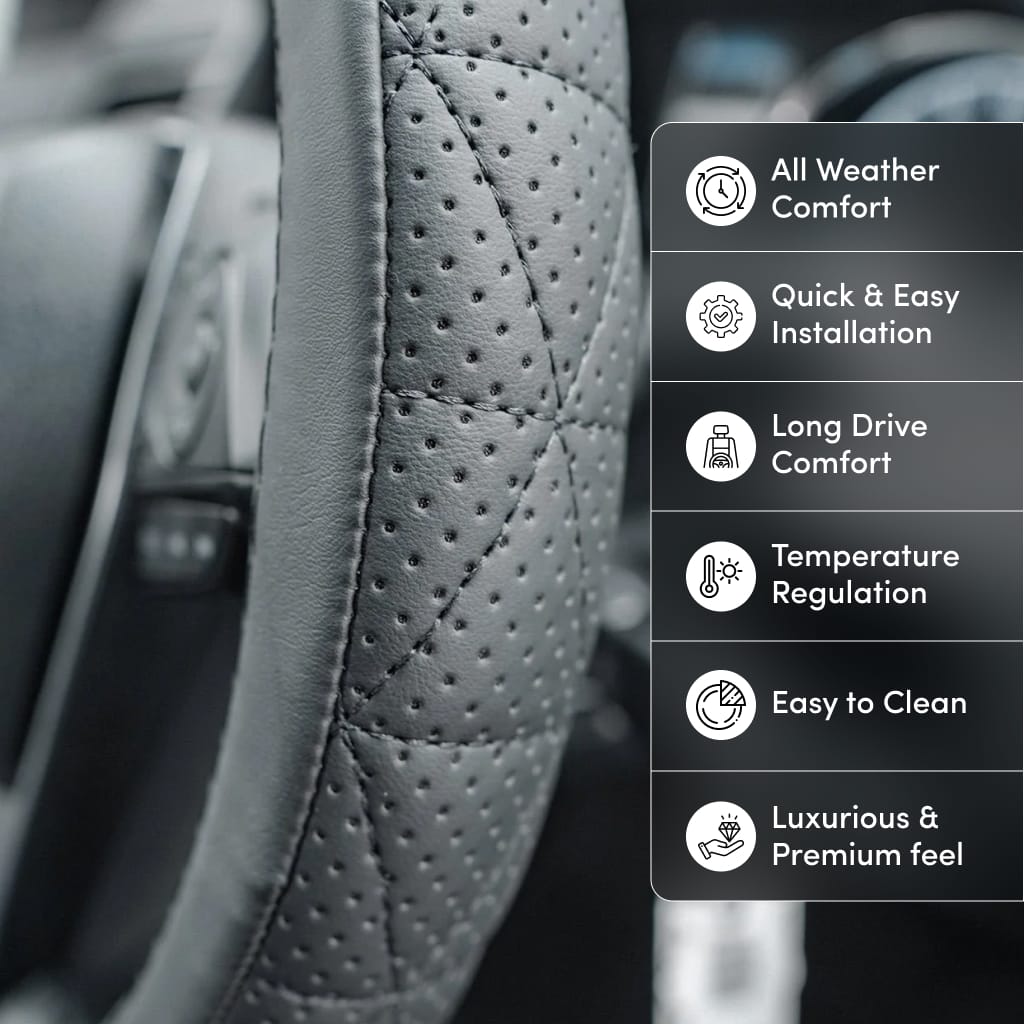 Steering wheel cover comfort and fit benefit graphic
