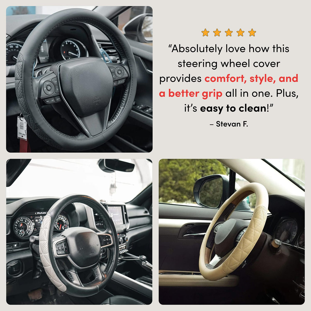 Customer review image featuring a steering wheel cover