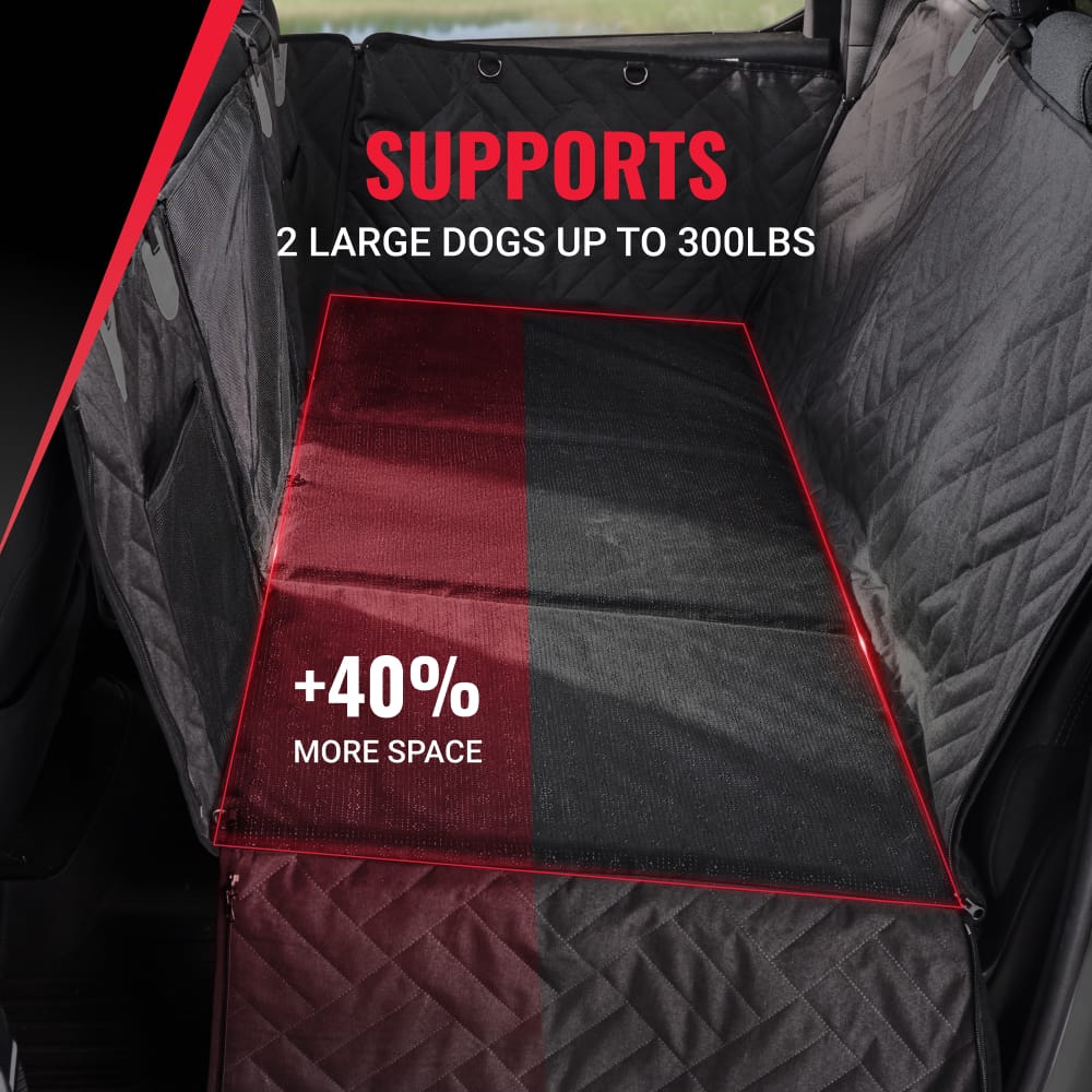 PetSuite hard-bottom dog seat protector fitted across a vehicle back seat